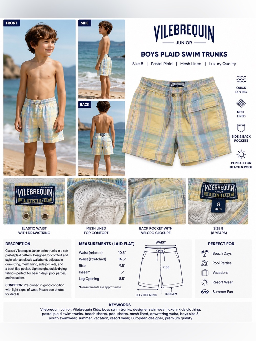 Vilebrequin Junior Boys Plaid Swim Trunks Size 8 Pastel Blue Yellow Mesh Lined